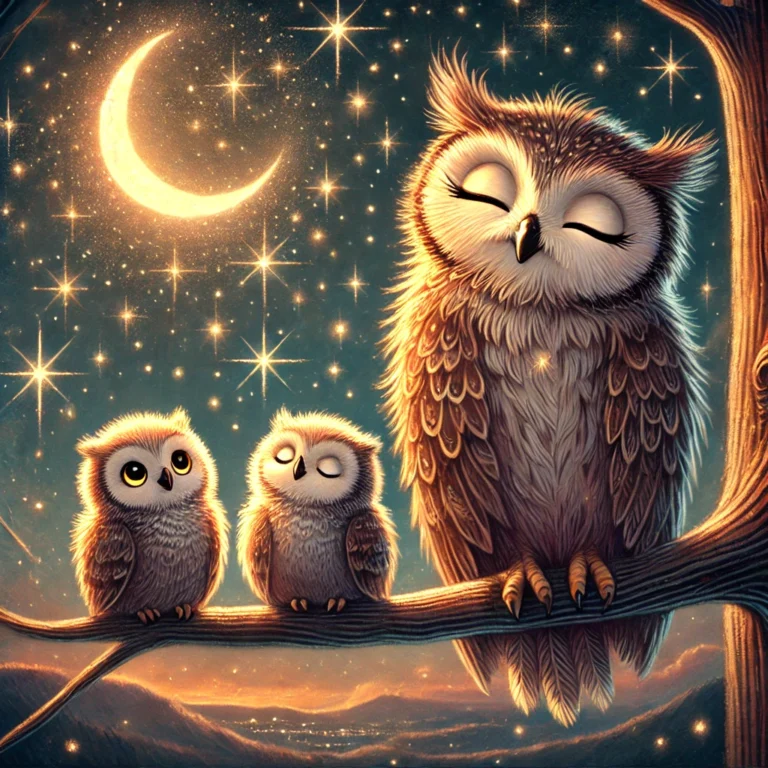 Bajkowa grafika przedstawiająca sowy na gałęzi starego drzewa pod rozgwieżdżonym niebem, w spokojnej nocnej scenerii