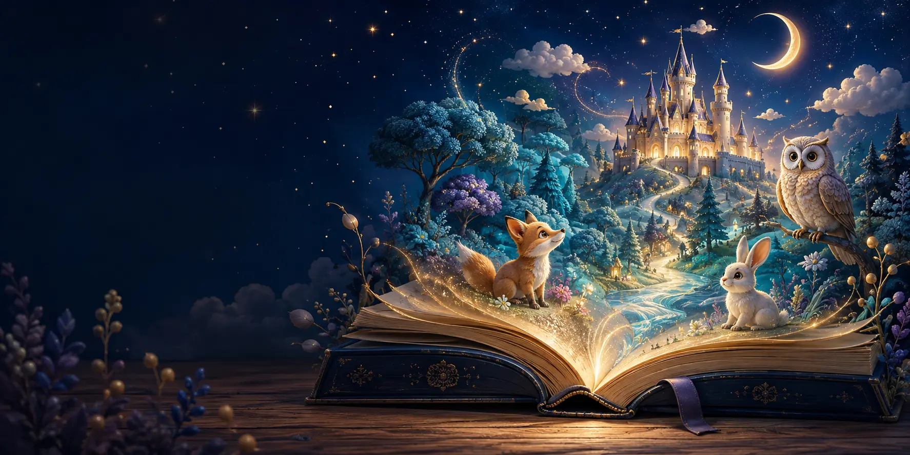 Otwarta magiczna księga, z której wyrastają baśniowy zamek, las i świat zwierzęcych bohaterów