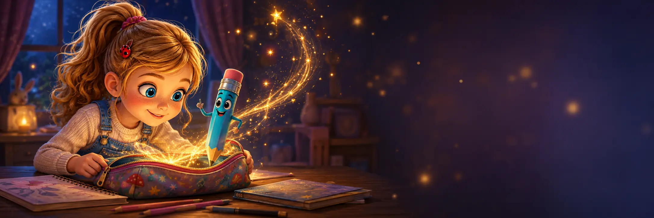Hania i turkusowy ołówek Piko przy magicznym piórniku