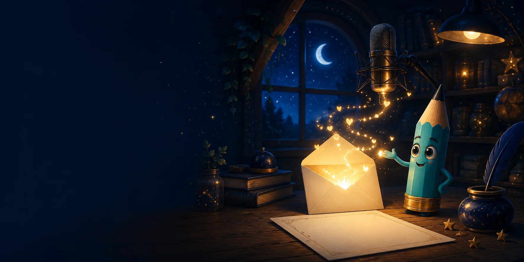 Turkusowy Piko przy magicznej wiadomości i mikrofonie w nocnej pracowni bajek