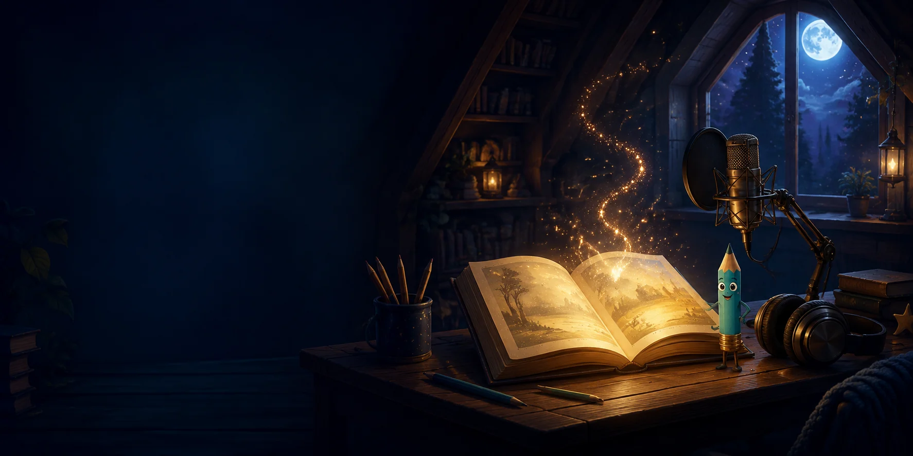 Magiczne nocne biurko z otwartą księgą, mikrofonem i bajkowym światem Magicznych Czytanek