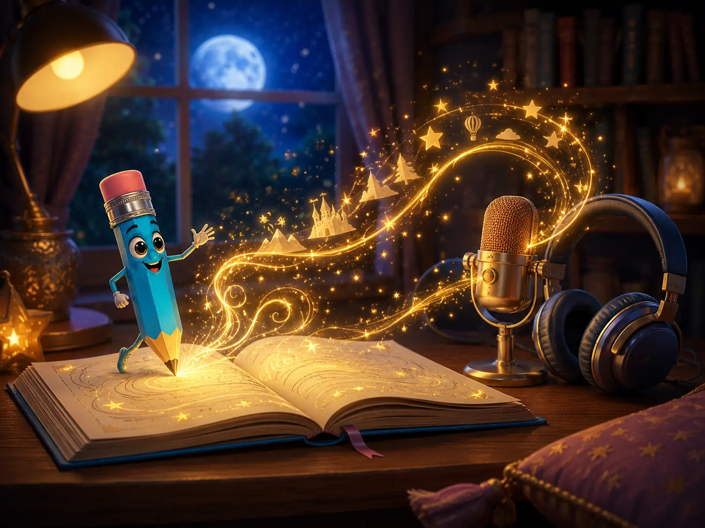 Piko przy otwartej książce, mikrofonie i słuchawkach podczas tworzenia magicznej bajki audio