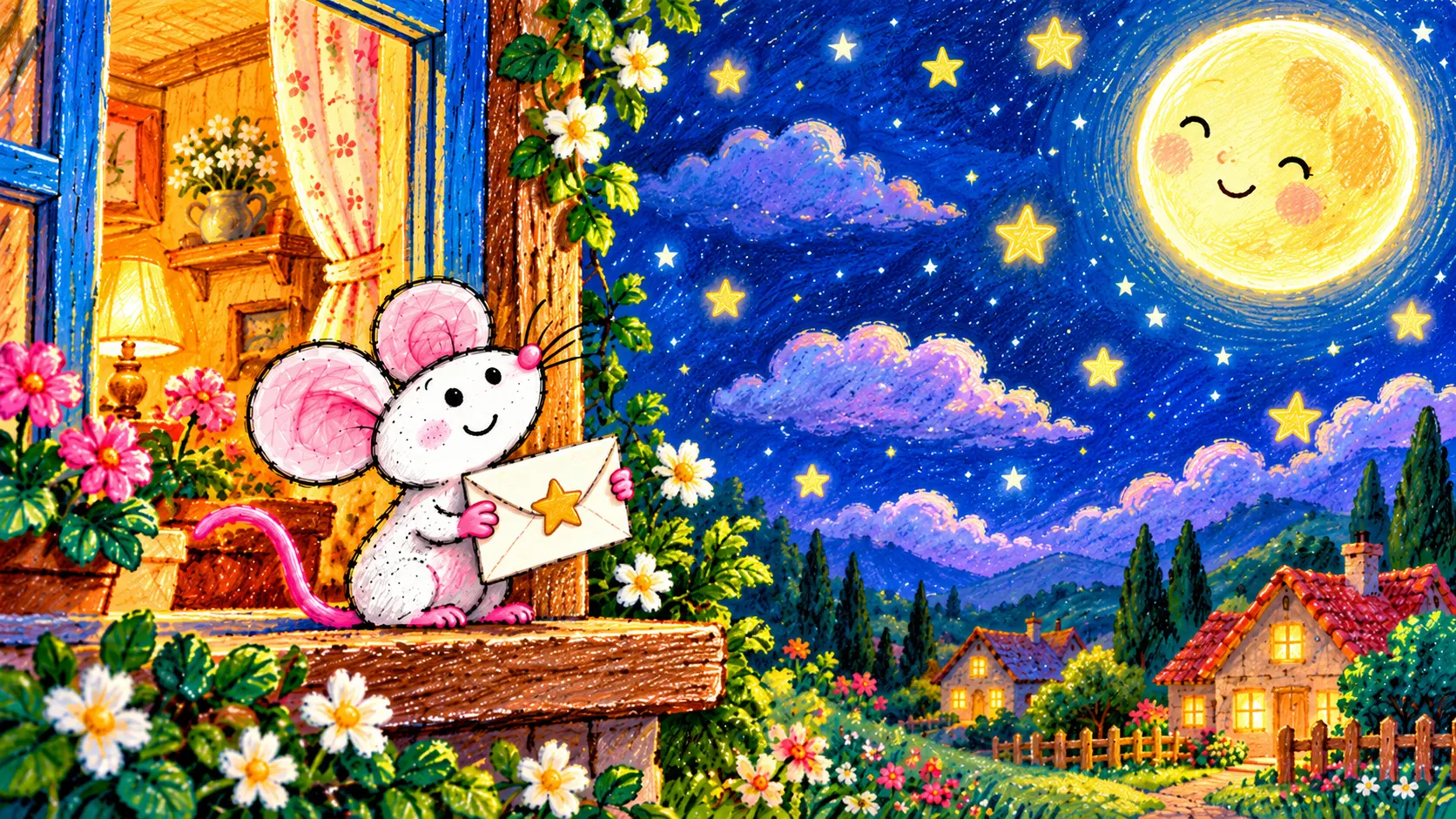 Myś z listem do Księżyca – ilustracja bajki Myś i adres: Niebo