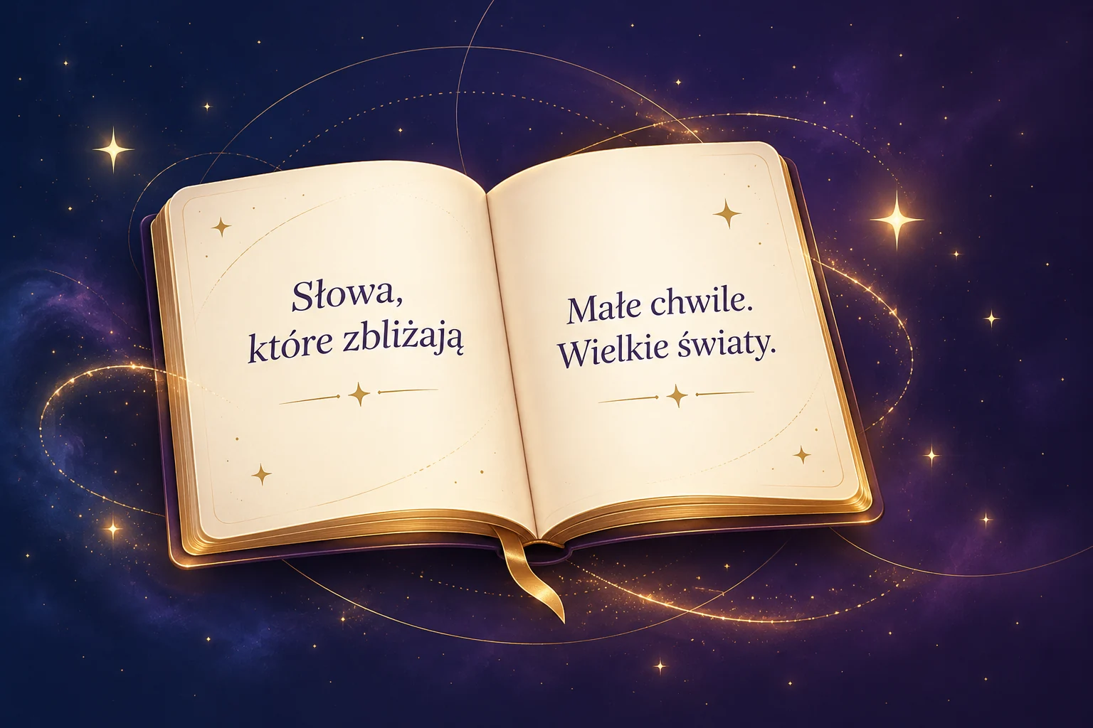 Otwarta magiczna księga na granatowo-śliwkowym tle ze słowami: Słowa, które zbliżają. Małe chwile. Wielkie światy.